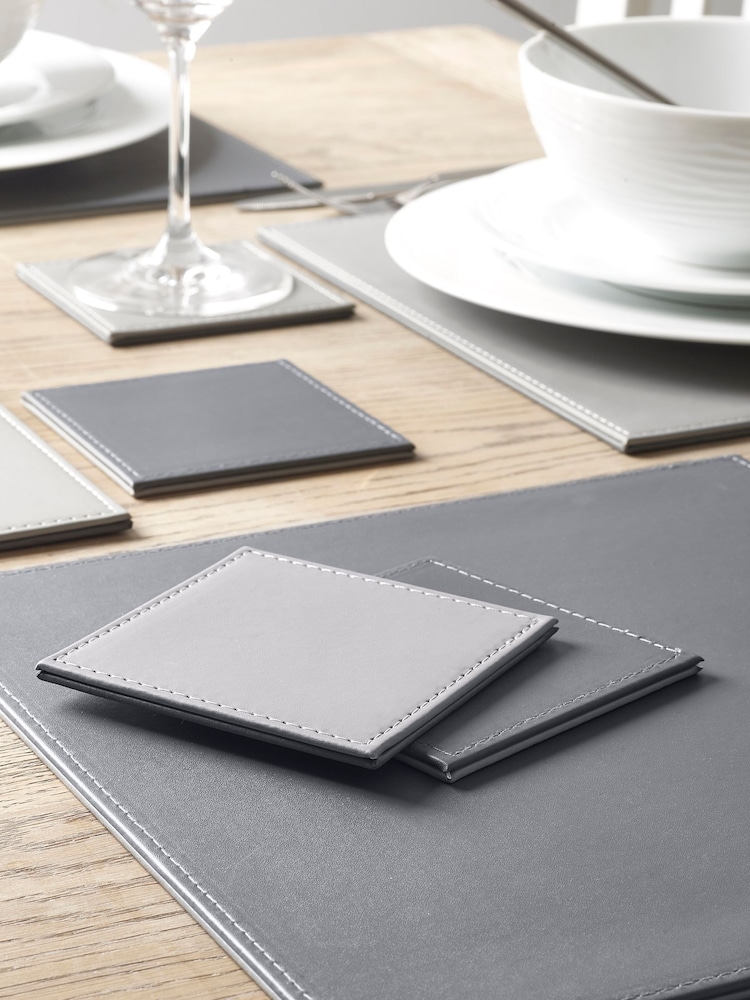 Set of 4 Charcoal/Grey Reversible Faux Leather Placemats and Coasters Set - Image 2 of 3