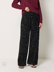 Long Tall Sally Black Sequin Velvet Wide Leg Trousers - Image 2 of 6