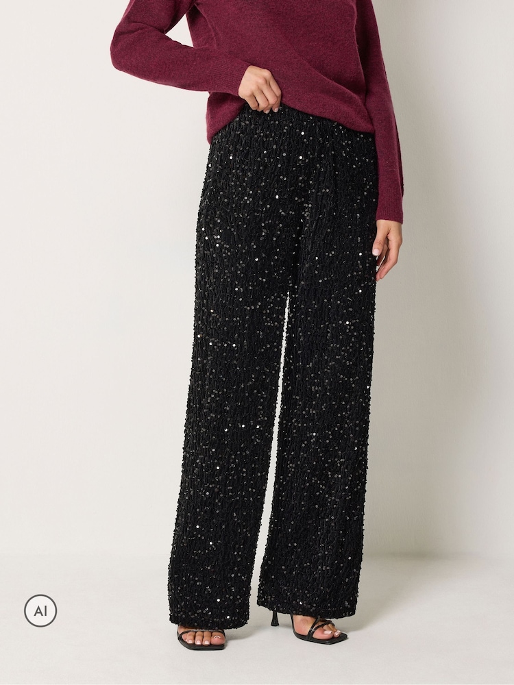 Long Tall Sally Black Sequin Velvet Wide Leg Trousers - Image 2 of 6 Long Tall Sally Black Sequin Velvet Wide Leg Trousers - Image 2 of 6
