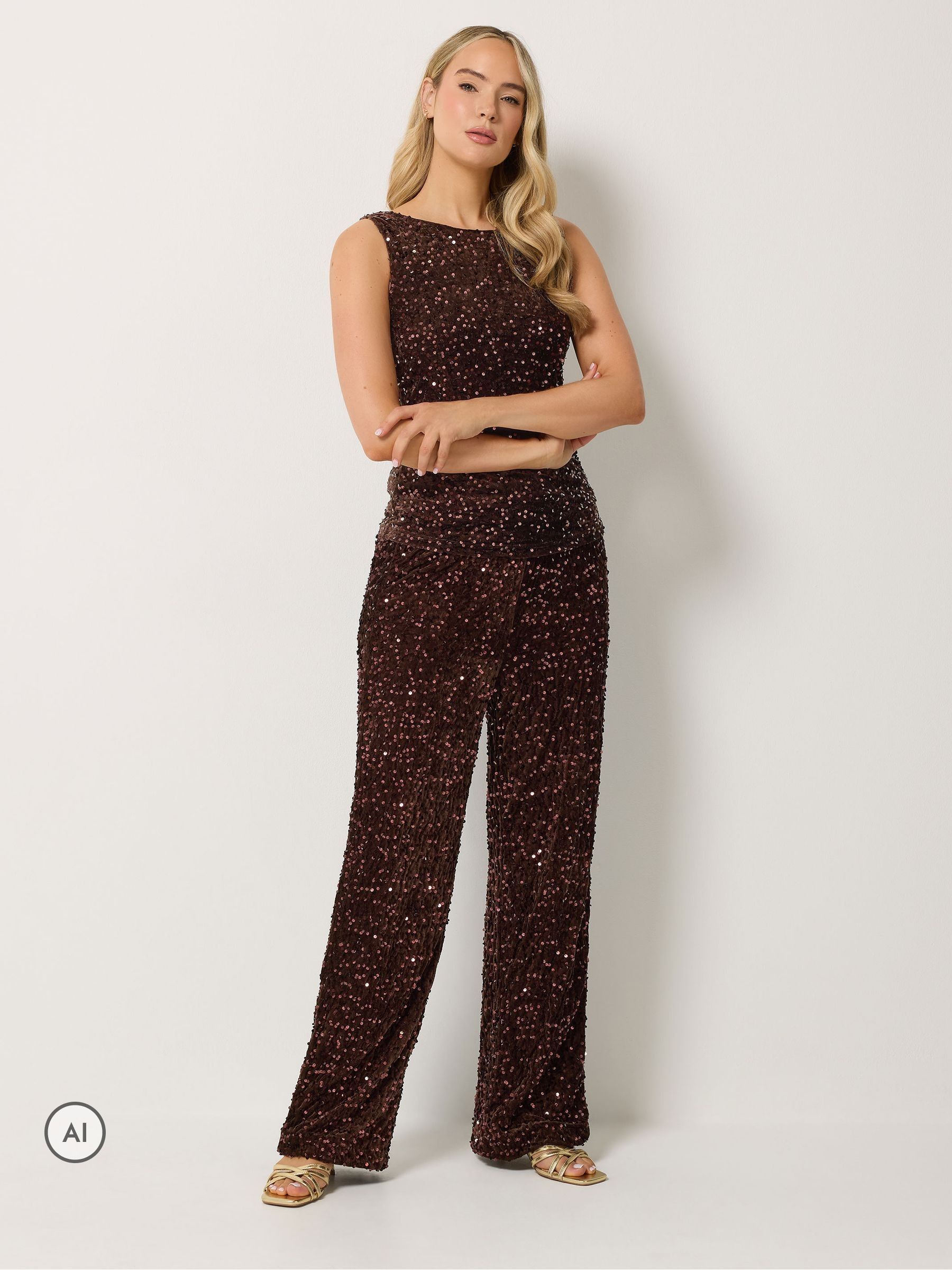 Long Tall Sally Women's Brown Tall Sequin Velvet Wide Leg Trousers In 24XL - Image 2