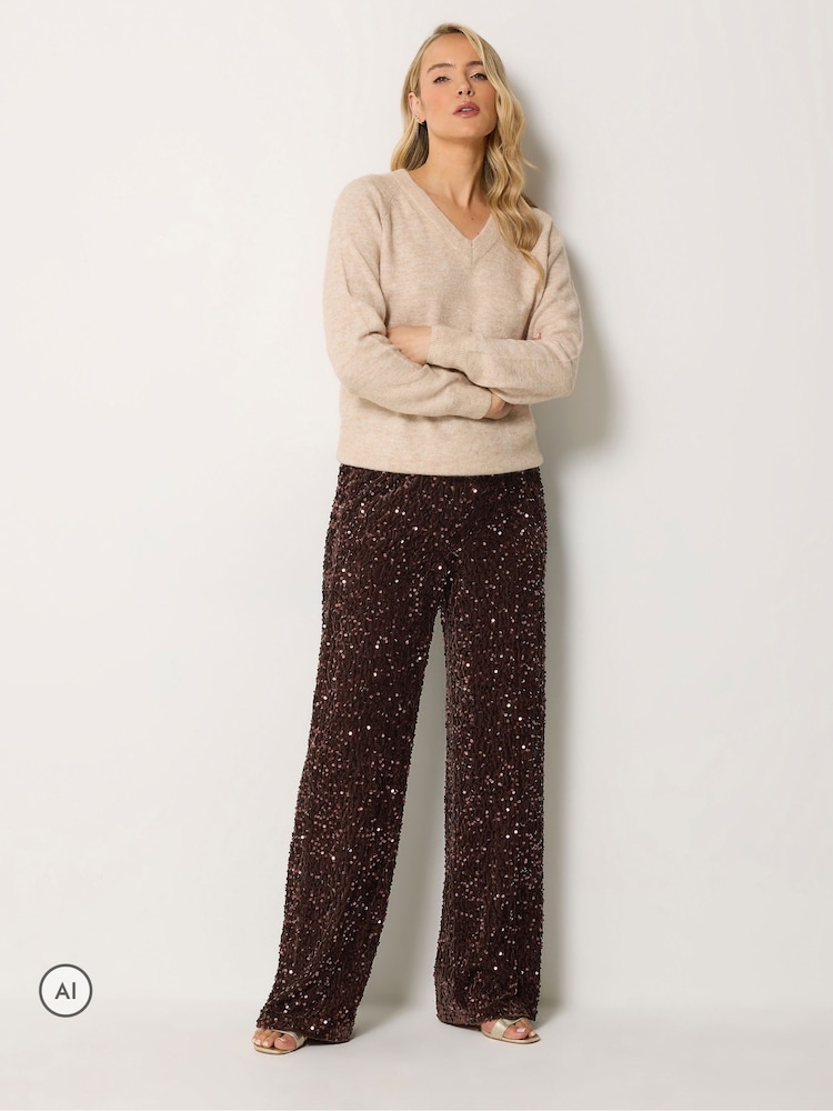 Long Tall Sally Brown Sequin Velvet Wide Leg Trousers - Image 1 of 6 Long Tall Sally Brown Sequin Velvet Wide Leg Trousers - Image 1 of 6