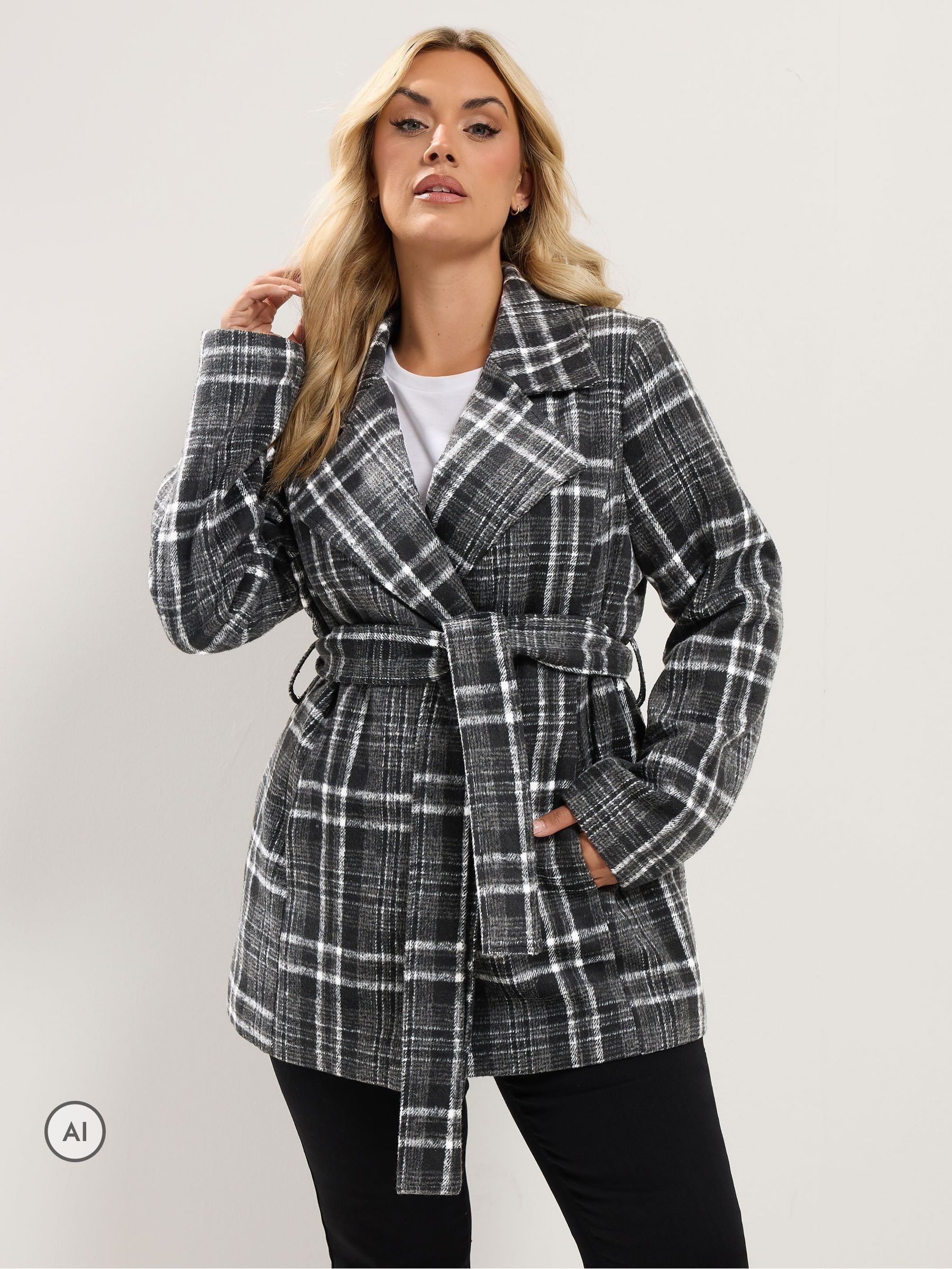 Yours Women's Black Checked Wrap Coat In | Size: 34/36 - Image 3