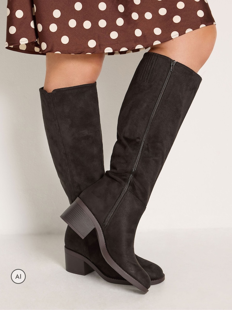 Yours Curve Brown Side Detail Block Heel Boots in Wide E Fit - Image 1 of 5 Yours Curve Brown Side Detail Block Heel Boots in Wide E Fit - Image 1 of 5