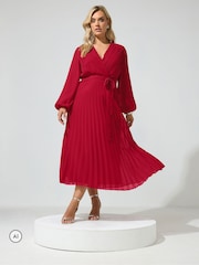 Yours Curve Red Pleated Long Sleeve Wrap Dress - Image 1 of 6