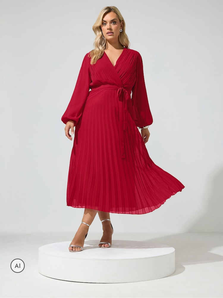 Yours Curve Red Pleated Long Sleeve Wrap Dress - Image 1 of 6 Yours Curve Red Pleated Long Sleeve Wrap Dress - Image 1 of 6