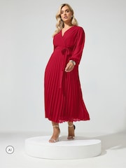 Yours Curve Red Pleated Long Sleeve Wrap Dress - Image 2 of 6