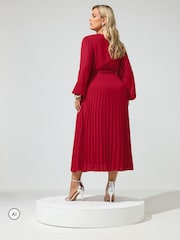 Yours Curve Red Pleated Long Sleeve Wrap Dress - Image 3 of 6