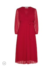 Yours Curve Red Pleated Long Sleeve Wrap Dress - Image 5 of 6