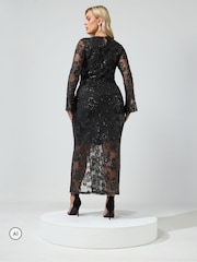 Yours Curve Black London Sequin Mesh Dress - Image 3 of 6