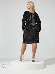 Yours Curve Black Sequin Velvet Satin Bow Back Shift Dress - Image 3 of 7