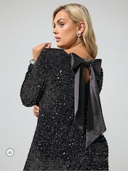 Yours Curve Black Sequin Velvet Satin Bow Back Shift Dress - Image 4 of 7