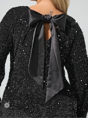 Yours Curve Black Sequin Velvet Satin Bow Back Shift Dress - Image 5 of 7