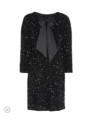 Yours Curve Black Sequin Velvet Satin Bow Back Shift Dress - Image 7 of 7