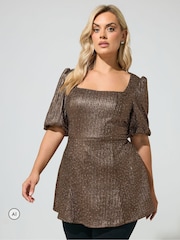 Yours Curve Brown Metallic Studded Peplum Top - Image 1 of 6