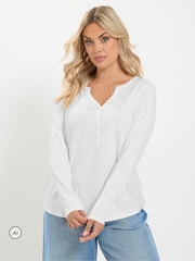 Yours Curve White Long Sleeve Henley Button T-Shirt - Image 1 of 6