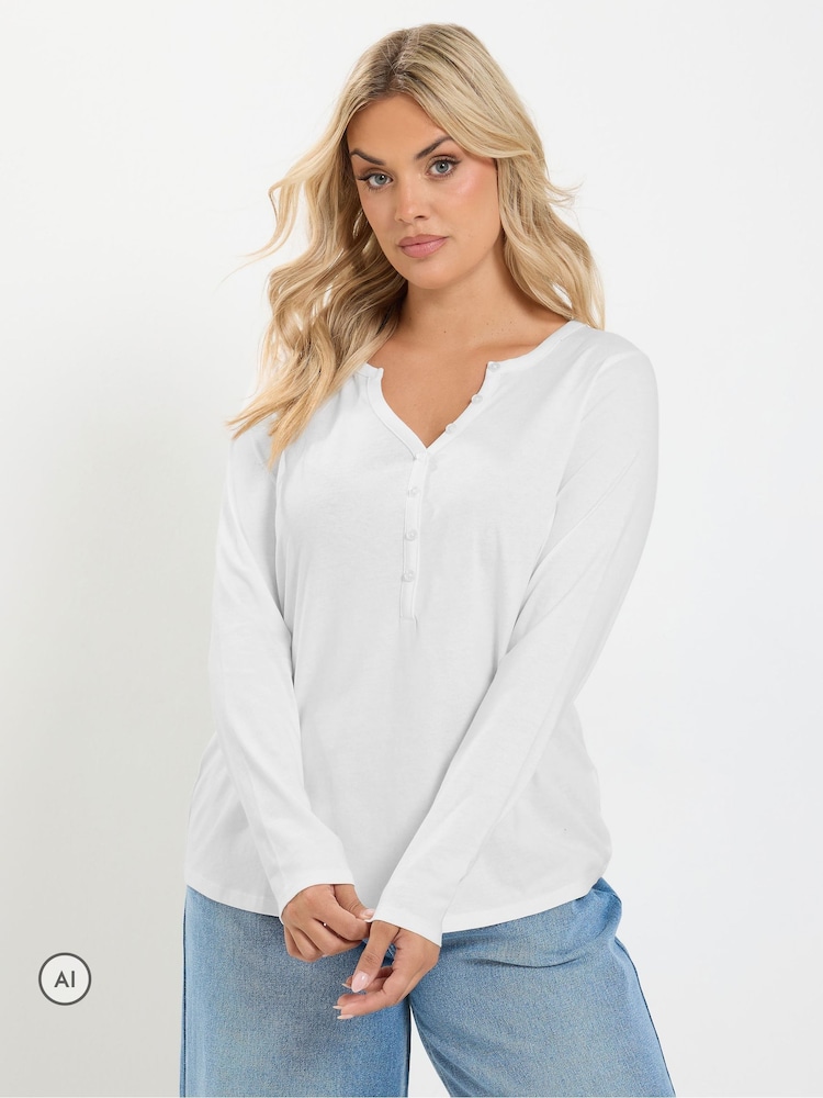 Yours Curve White Long Sleeve Henley Button T-Shirt - Image 1 of 6 Yours Curve White Long Sleeve Henley Button T-Shirt - Image 1 of 6