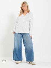 Yours Curve White Long Sleeve Henley Button T-Shirt - Image 2 of 6