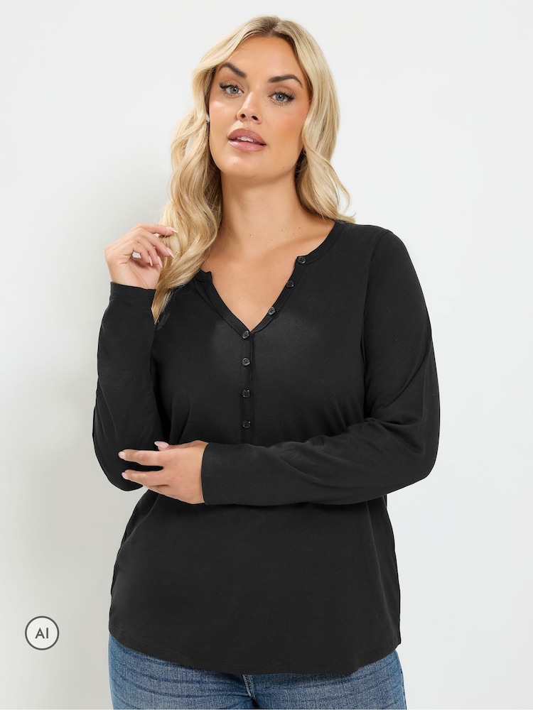 Yours Curve Black Long Sleeve Henley Button T-Shirt - Image 1 of 6 Yours Curve Black Long Sleeve Henley Button T-Shirt - Image 1 of 6