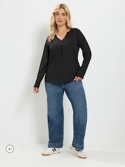Yours Curve Black Long Sleeve Henley Button T-Shirt - Image 2 of 6