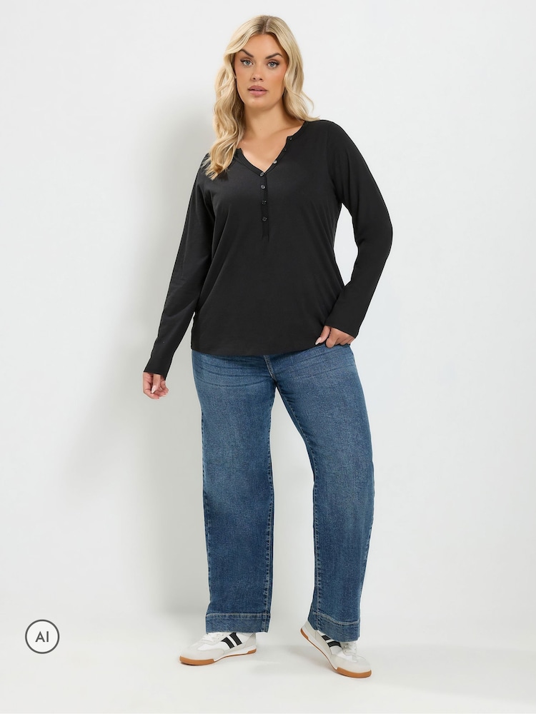 Yours Curve Black Long Sleeve Henley Button T-Shirt - Image 2 of 6 Yours Curve Black Long Sleeve Henley Button T-Shirt - Image 2 of 6