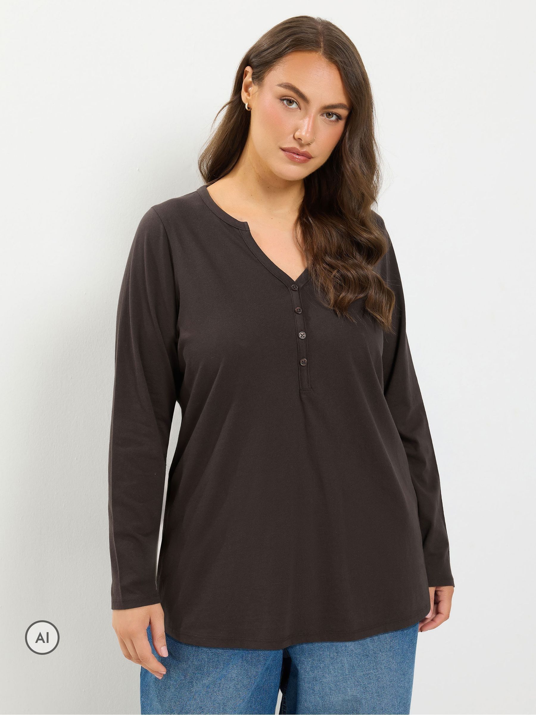 Yours Women's Chocolate Henley Long Sleeve T-Shirt In | Size: 38/40 - Image 2