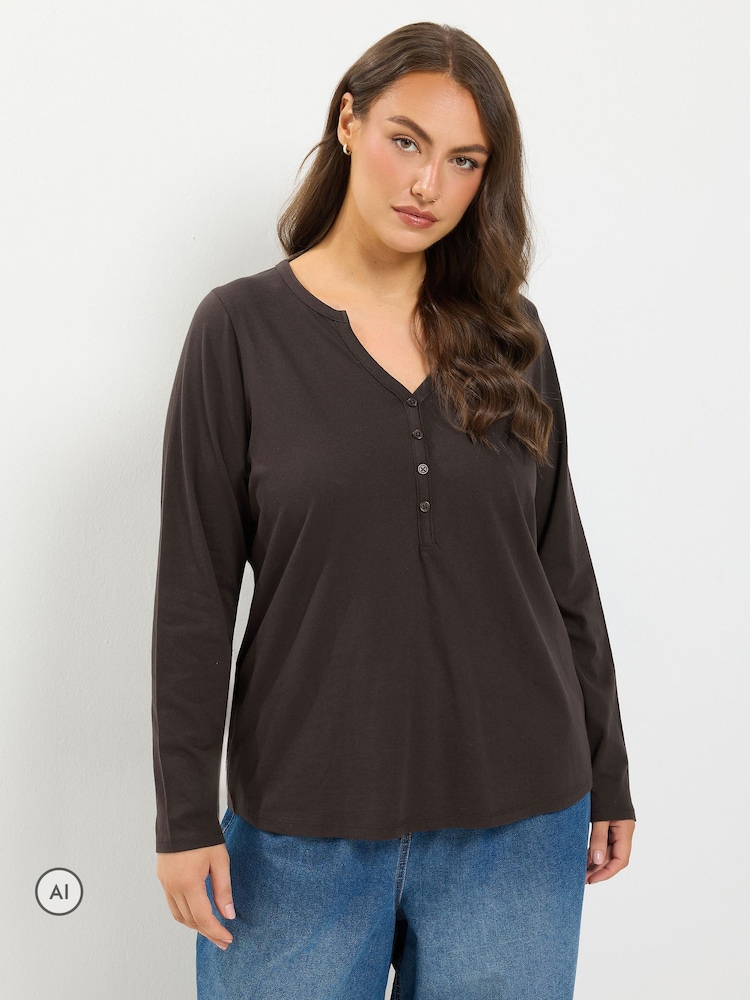 Yours Curve Brown Long Sleeve Henley Button T-Shirt - Image 1 of 6