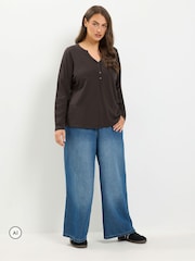 Yours Curve Brown Long Sleeve Henley Button T-Shirt - Image 2 of 6