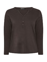 Yours Curve Brown Long Sleeve Henley Button T-Shirt - Image 5 of 6