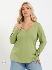 Yours Curve Green Long Sleeve Henley Button T-Shirt - Image 1 of 6