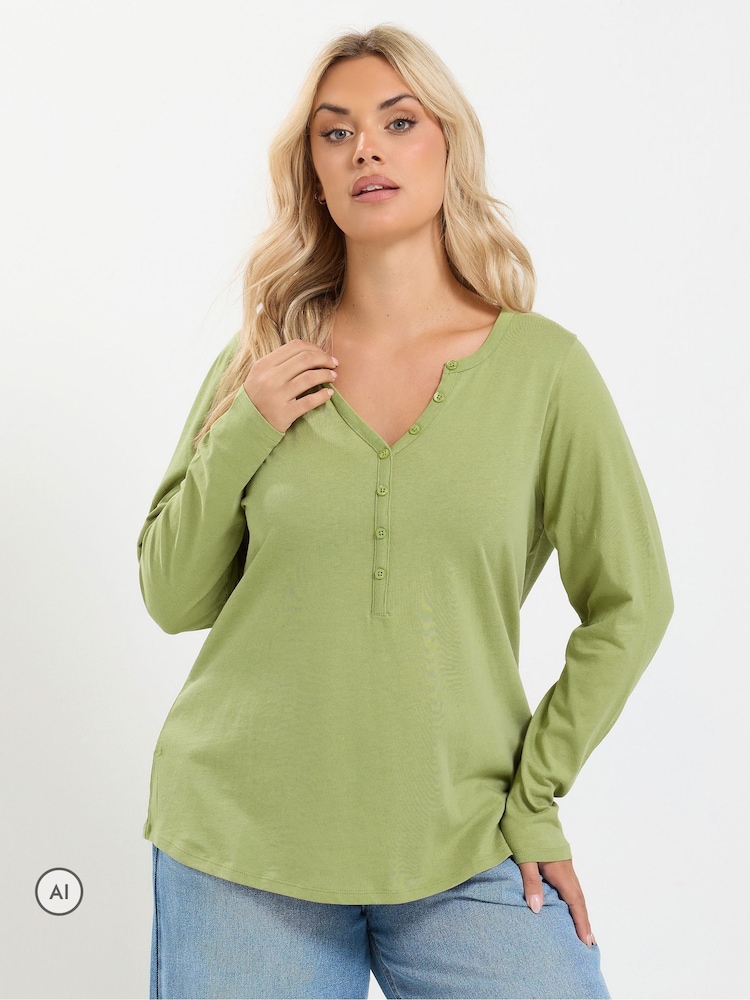 Yours Curve Green Long Sleeve Henley Button T-Shirt - Image 1 of 6 Yours Curve Green Long Sleeve Henley Button T-Shirt - Image 1 of 6