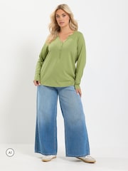 Yours Curve Green Long Sleeve Henley Button T-Shirt - Image 2 of 6