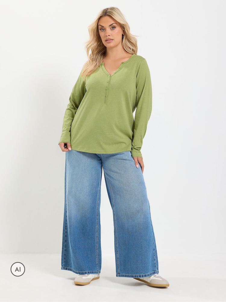 Yours Curve Green Long Sleeve Henley Button T-Shirt - Image 2 of 6 Yours Curve Green Long Sleeve Henley Button T-Shirt - Image 2 of 6