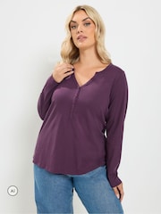 Yours Curve Purple Long Sleeve Henley Button T-Shirt - Image 1 of 6
