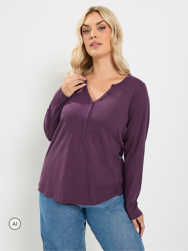 Yours Curve Purple Long Sleeve Henley Button T-Shirt - Image 1 of 6 Yours Curve Purple Long Sleeve Henley Button T-Shirt - Image 1 of 6