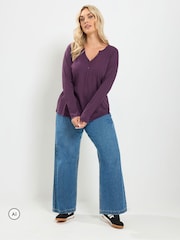 Yours Curve Purple Long Sleeve Henley Button T-Shirt - Image 2 of 6