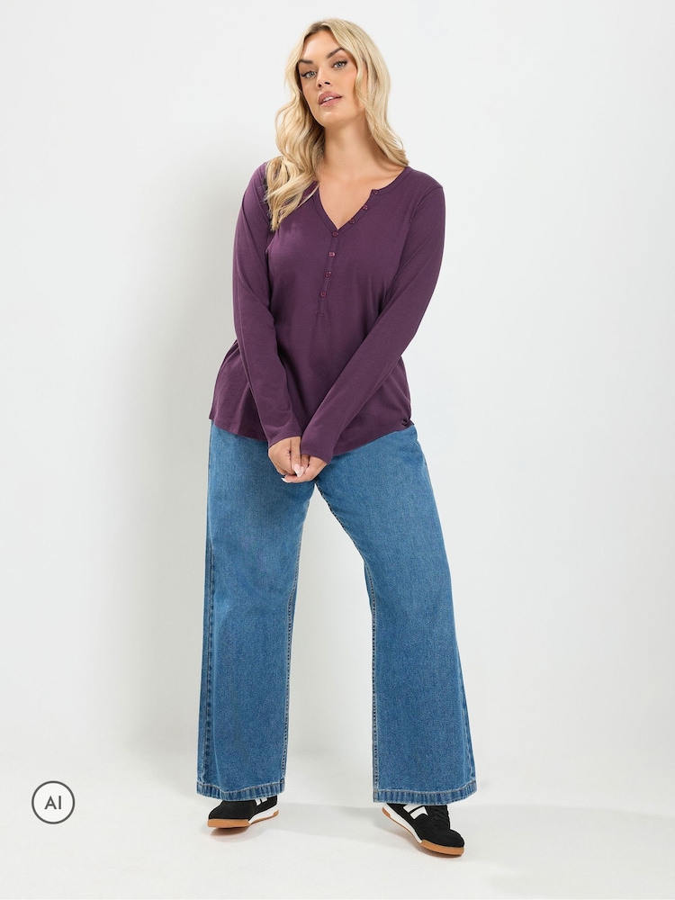 Yours Curve Purple Long Sleeve Henley Button T-Shirt - Image 2 of 6 Yours Curve Purple Long Sleeve Henley Button T-Shirt - Image 2 of 6