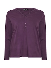 Yours Curve Purple Long Sleeve Henley Button T-Shirt - Image 5 of 6