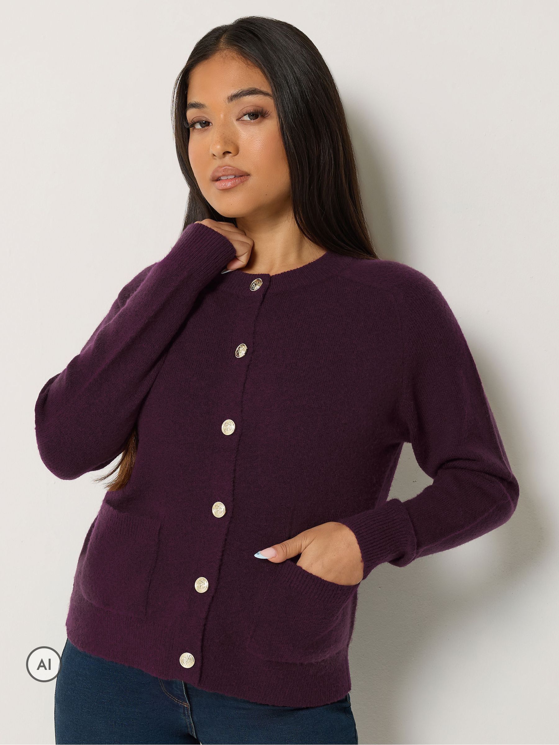 M & Co Women's Purple Petite Button Detail Cardigan