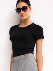 Black Slim Fit Ribbed Short Sleeve Crew Neck T-Shirt - Image 1 of 7
