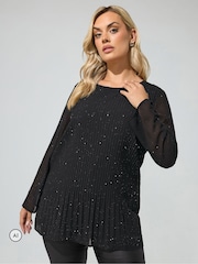 Yours Curve Black London Metallic Pleated Blouse - Image 1 of 6