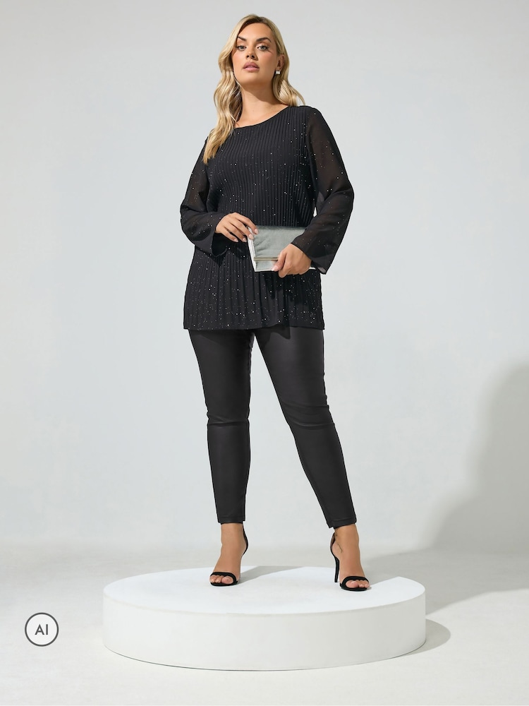 Yours Curve Black London Metallic Pleated Blouse - Image 2 of 6