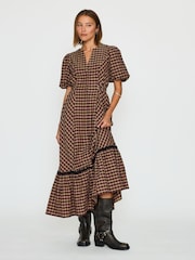 Anthropologie Red Puff-Sleeve Check Midi Dress - Image 1 of 5