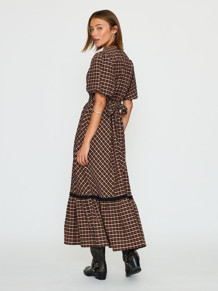 Anthropologie Red Puff-Sleeve Check Midi Dress - Image 2 of 5 Anthropologie Red Puff-Sleeve Check Midi Dress - Image 2 of 5