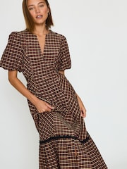 Anthropologie Red Puff-Sleeve Check Midi Dress - Image 4 of 5