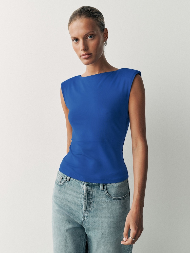 Cobalt Blue Sleeveless Soft Touch Slinky Shoulder Pad Top - Image 1 of 7 Cobalt Blue Sleeveless Soft Touch Slinky Shoulder Pad Top - Image 1 of 7