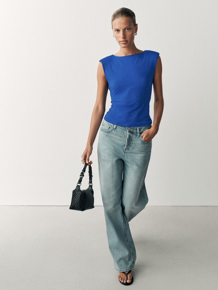 Cobalt Blue Sleeveless Soft Touch Slinky Shoulder Pad Top - Image 2 of 7 Cobalt Blue Sleeveless Soft Touch Slinky Shoulder Pad Top - Image 2 of 7