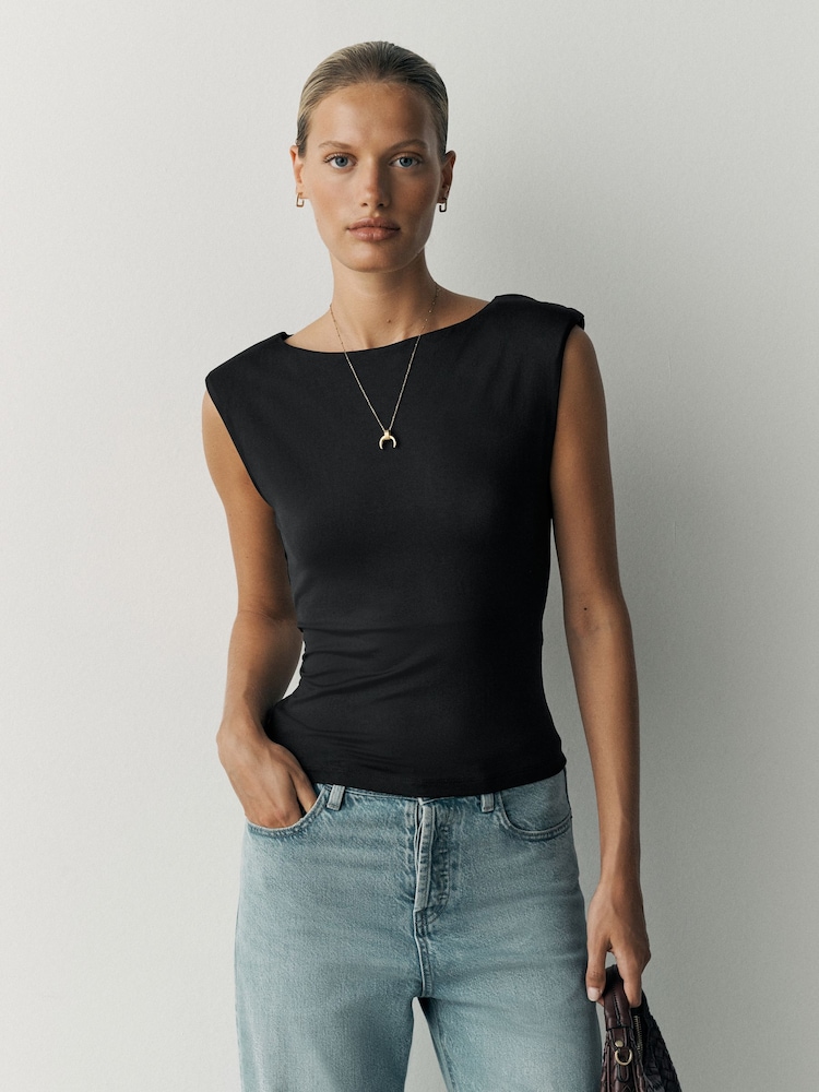Black Sleeveless Soft Touch Slinky Shoulder Pad Top - Image 1 of 8 Black Sleeveless Soft Touch Slinky Shoulder Pad Top - Image 1 of 8