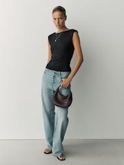 Black Sleeveless Soft Touch Slinky Shoulder Pad Top - Image 2 of 8