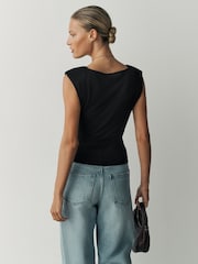 Black Sleeveless Soft Touch Slinky Shoulder Pad Top - Image 3 of 8