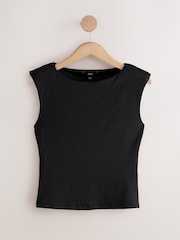 Black Sleeveless Soft Touch Slinky Shoulder Pad Top - Image 6 of 8